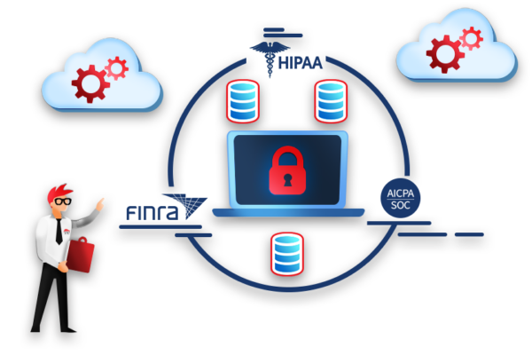 A managed IT service provider technician auditing business operations for data compliance standards.