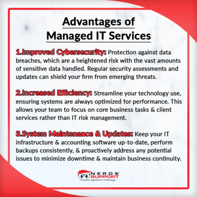 The benefits of partnering with a managed IT services provider include improved cybersecurity, increased efficiency, and consistently perform system maintenance and updates.