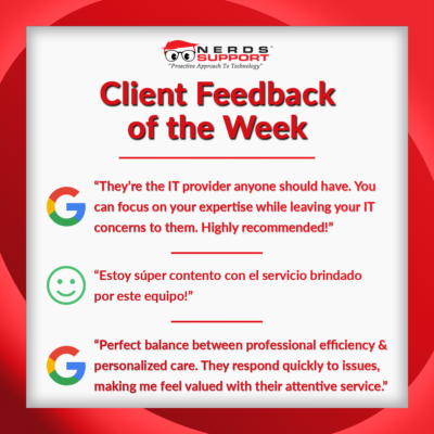 Our clients say Nerds Support is the IT provider anyone should have. You can focus on your expertise while leaving your IT concerns to us. We are the perfect balance between professional efficiency & personalized care. We respond quickly to issues, making our clients feel valued with our attentive service.